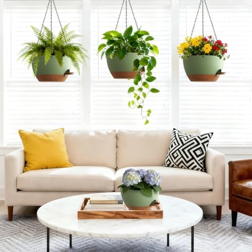 UOUZ Set of 3-10 Inch Self Watering Hanging Planters for Indoor & Outdoor，Hanging Plant Pots with Drainage & Removable Tray, Hanging Pots Holder for Ivy, Ferns, Balcony & Patio, Green and Brown - Image 2