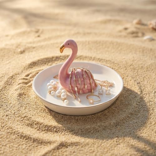 Flamingo Jewelry Holder & Ceramic Ring Dish – Pink Tropical Decor for Kitchen Sink or Vanity – Cute Engagement, Birthday, or Mother’s Day Gifts for Women & Girls – Gold-Rimmed Tray - Image 4
