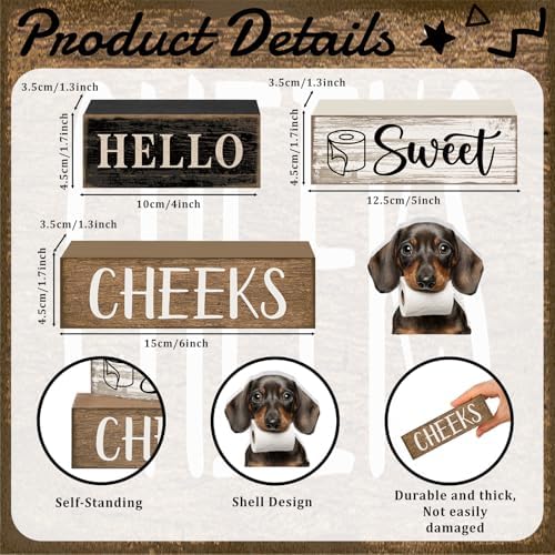 Moucuny 4 Pcs Farmhouse Dachshund Bathroom Decor, Hello Sweet Cheeks, Wood - Image 3