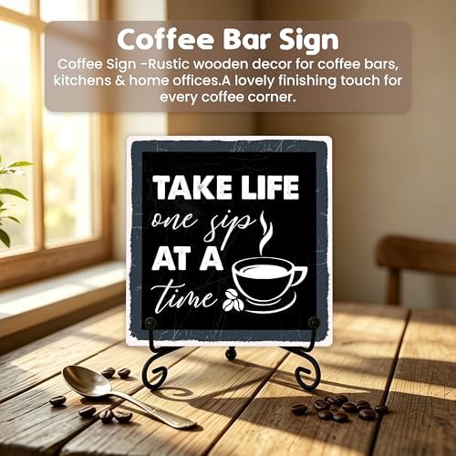 Coffee Bar Sign, Take Life One Sip at A Time Sign, Coffee Lover Gifts, 5x5 Wood Plaque with Iron Stand, Coffee-Themed Decor for Home or Cafe Tabletop – A04 - Image 4