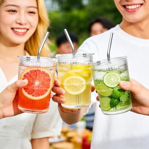 6 Pack 13oz Ribbed Glass Tumbler with Lid and Straw - Image 7