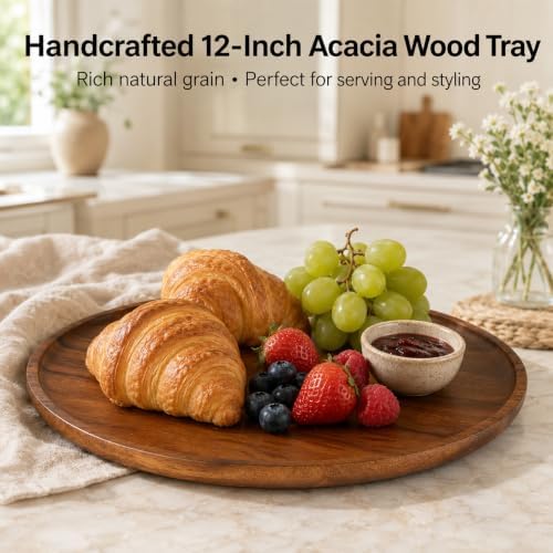 Multi-Purpose Acacia Wood Round Serving Tray for Ottoman Living Room Decor - Image 2
