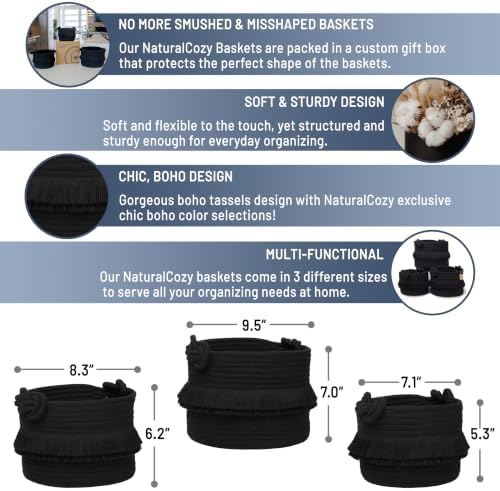 NaturalCozy 3-Piece Decorative Storage Basket Set – Black Cotton Rope Small Woven Baskets for Organizing for Nursery Baby Stuff, Gift, Vanity, Montessori, Dog Cat Toy Bin, Planter, Bathroom Shelves - Image 2