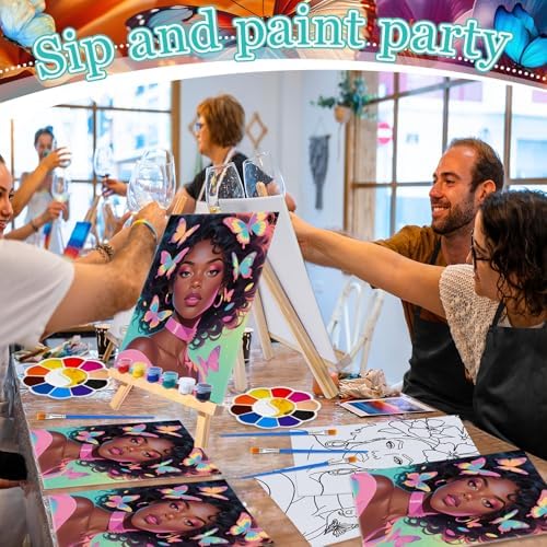 Motipuns 6 Set Pre Drawn Canvas for Painting for Adults Sip and Paint Kit with Easels 8 x 10 Inches Paint Party Kit with Printed Canvas Paints Brushes Palette Apron(Butterfly Girl) - Image 4