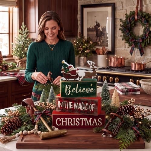 Moucuny 4 Pcs Tartan Plaid Christmas Table Decor, Santa Sleigh Wooden Signs - Image 6