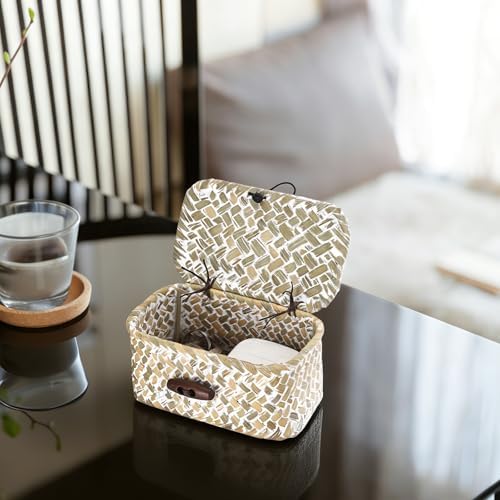 Hipiwe Wicker Shelf Basket Box with Lid Decorative Basket Handwoven Seagrass Storage Organizer Basket Decorative Basket, Whitewas 4.3" x 2.5" x 2.1" - Image 2