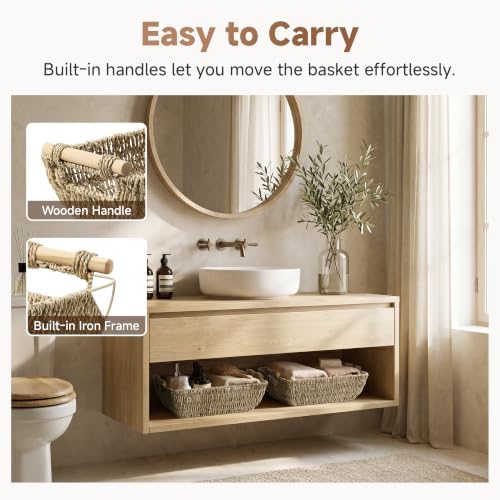 StorageWorks Hand-Woven Jumbo Storage Baskets with Wooden Handles, Seagrass Wicker Baskets for Organizing, 2-Pack - Image 4
