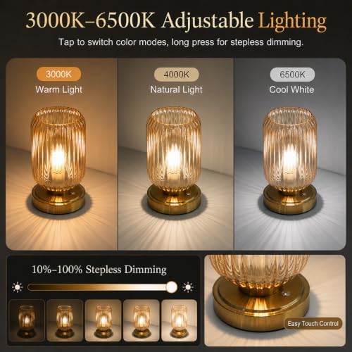 Cordless Glass Table Lamp, 3 Color Modes & Stepless Dimming, Amber - Image 3
