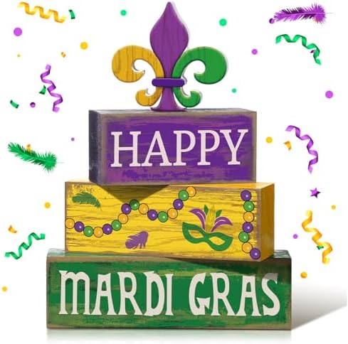 Moucuny 4 Pcs Mardi Gras Wooden Block Signs Tiered Tray Farmhouse Table by Moucuny