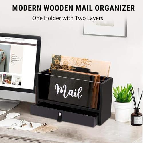Two-Layer Solid Wooden Mail Storage Organizer Holder with Clear Acrylic Top and Bottom Drawer, Leather Handle, Keeping Mail, Bills, Letters, Cards and Office Supplies in One Place, Home Decor Gifts - Image 2