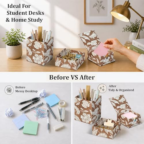 Ridhi Oak Brown Block Print Office Desk Organizer Pen & Note Holder - Image 2