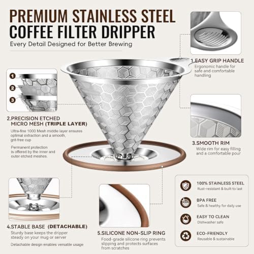 Pour Over Coffee Dripper, Triple-Layer Stainless Steel 800-Mesh Filter #4 - Image 2