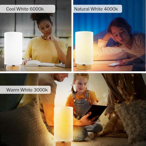 3-Color Adjustable Bedside Table Lamp for Bedroom,Minimalist Wood Base&Round Fabric Shade,Cozy Lighting Nightstand Boho Lamp,Study Reading Desk Night Stand Light for Living Room,Office,kitchen,Nursery - Image 4