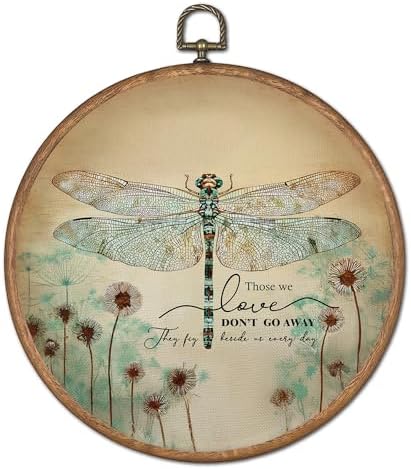 OFJE Inspirational Memorial Dragonfly Wall Art Decor, Those We Love Don't Go Away Round Wall Hanging Decor, Rustic Dandelion Dragonfly Framed Canvas Prints for Home Garden Decorations, 10x10 Inch by Unknown