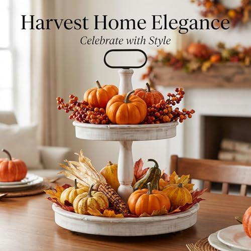 Krismax Decorative Trays - Two Tiered Tray Stand Rustic Tiered Tray Decor 2 Tiered Tray Serving Tray Seasonal & Holiday Decoration Wooden Tray for Coffee Table Farmhouse Display Stand Tray - Image 3