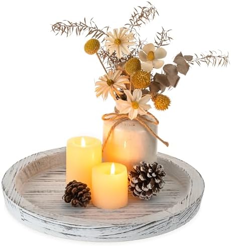 Hanobe Wooden Coffee Table Tray, Decorative Round Candle Holder Plate,White by Hanobe