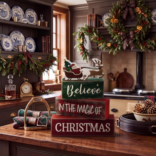 Moucuny 4 Pcs Tartan Plaid Christmas Table Decor, Santa Sleigh Wooden Signs - Image 4
