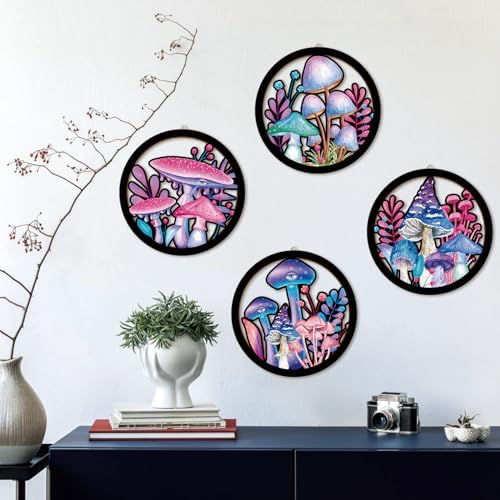 HPNIUB Abstract Whimsical Mushroom Cottage Wall Decor, Watercolor Moody Botanical Plant Moss Hanging Sign, 4 Pieces 10''x10'' Vintage Farmhouse Magical Mushroom Artwork for Bedroom Nursery Home Decor - Image 7