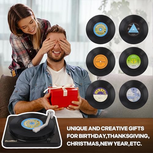 Funny Retro Record Coasters for Drinks with Vinyl Player Holder - Set of 6 Coaster White Elephant Gifts for Music Lovers, Conversation Piece Sayings,Housewarming Hostess Wedding Registry Gift Ideas - Image 4