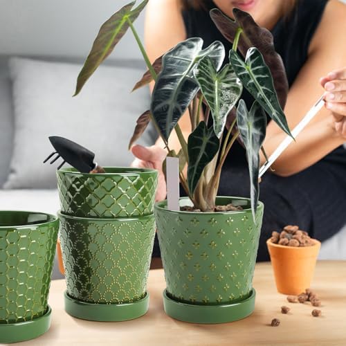 EFISPSS Ceramic Plant Pots, 5 Inch Planters with Drainage Holes and Ceramic Tray, Relief Design Flower Planter, Desktop Office Windowsill Decoration Gift Set of 4 - Blackish Green - Image 6