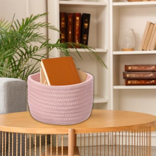 uxcell Pink Small Cotton Rope Woven Storage Basket, Shelf Closet Storage Gift Woven Baskets Cute Nursery Box Bin Decor Organization Bin for Home Supply, Round, 6.3x4.4 - Image 7