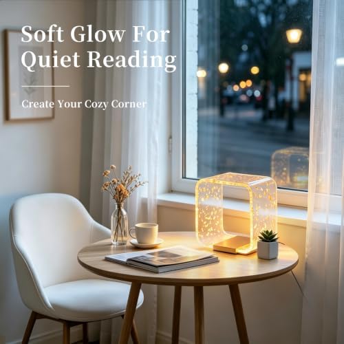 LED Small Table Lamp, Modern Minimalist Square Hollow Acrylic Nightstand Lamp, Warm Plug-in Desk Lamp for Bedroom Living Room Home Decor - Image 3