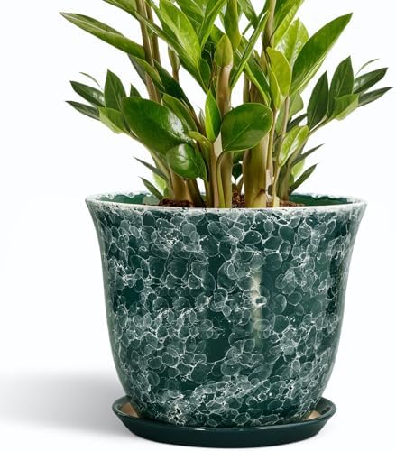 Ceramic Plant Pots - 10 Inch Plant Pot for Indoor Outdoor, Round Planter with Drainage Hole and Tray, Decorative Flower Pots, Modern Planters, Home Patio Garden Decor, Garden Gifts, Green by SUNPOTFOR