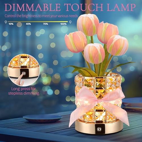 Tulip Flower Lamps, Rechargeable Cordless Small Desk Lamp, 3 Colors Dimmable Artificial Flowers Night Light, Fake Bouquet 5 Tulip with Crystal Vase for Home Date Party Decoration (Tulip-Pink) - Image 3