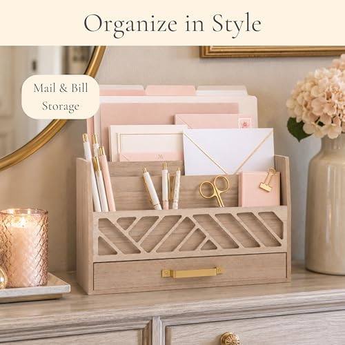 BLU MONACO | Wooden Mail Organizer with Drawer and Gold Handle | Outgoing Mail Holder and Letter Sorter for Desk | Natural Wood Desktop Paper Organizer - Image 3