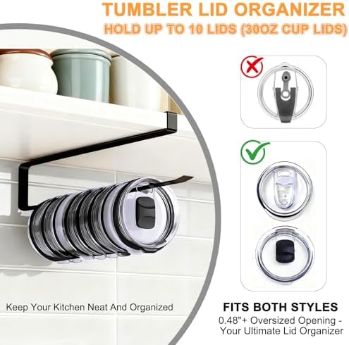 Tumbler Lid Organizer for Cabinet - Under Shelf & Behind Door Lid Holder, No-Drill Kitchen Organizer and Storage, Space Saving Rack Fits 24oz 30oz 40oz Water Bottle Tumbler Lids - Image 3