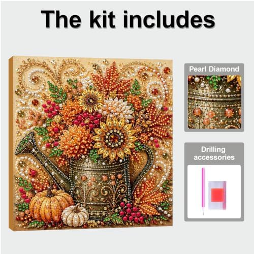 DIY Pearl Painting Kit for Adults, Autumn Watercan Fall Art with Wood Frame, 20x20cm Self-Adhesive Pearl Diamond Craft, Autumn Wall Decor Gift for Women, Beginners Relaxing Hobby Kit - Image 5