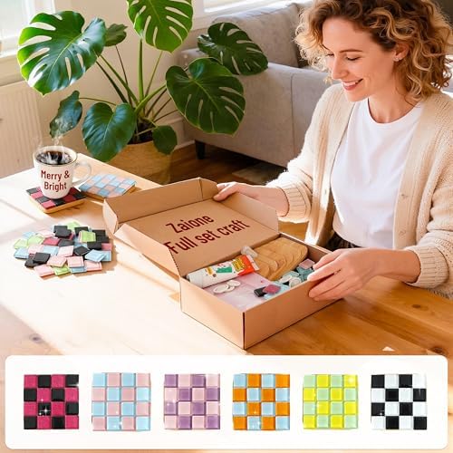 ZAIONE Mosaic Coasters Kits for Beginner: 6 Sets Mixed Color Glass Mosaic Tiles for Crafts with Wooden Coaster Base to DIY Your Own Mosaic Project for Home Decor Mother’s Day Gifts - Image 4