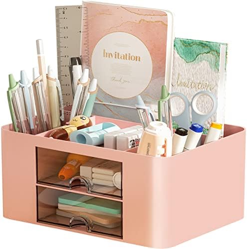 Marbrasse Pen Organizer with 2 Drawer, Multi-Functional Pencil Holder for Desk, Desk Organizers and Accessories with 5 Compartments + Drawer for Office Art Supplies (Pink) by Marbrasse