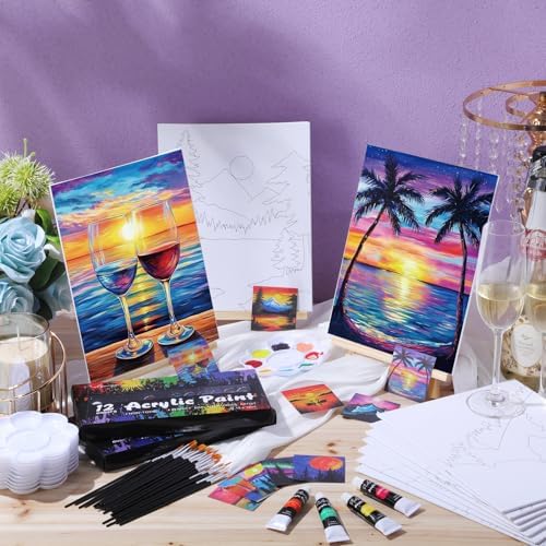 Ctosree 72 Pcs Colorful Sky Paint and Sip Kit for Adults 8'' x 10'' Pre Drawn Canvas for Painting DIY Pre Printed Canvas for Party Favor Afro Acrylic Painting Kit Wood Easel Brushes Date Night Bulk - Image 2