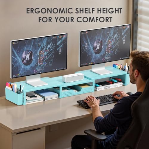 Desk Organizers and Accessories, Dual Monitor Stand Riser with Drawer and 2 Pen Holders, Desk Shelf Printer Stand for Office Workspace Organizers, Desktop Organization (Blue) - Image 2