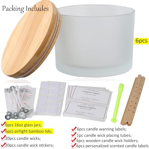 MILIVIXAY 6 Pack 16 oz Candle Jars with Bamboo Lids and Candle Making Kits - 3 Wick Candle Jar,Bulk Empty Frosted White Thick Glass Jars for Making Large Candles- Spice, Powder Containers. - Image 2
