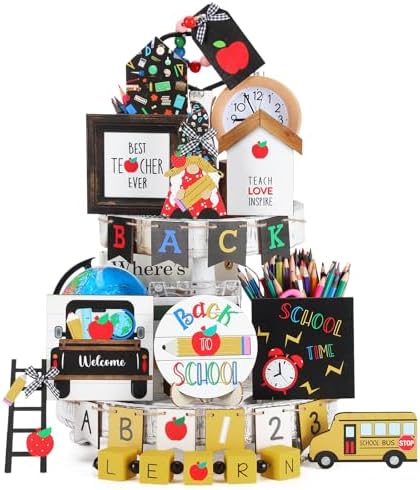 Mifoci 19 Pcs Back to School Tiered Tray Decor Wood Signs Centerpiece by Mifoci