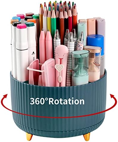 Desk Pencil Pen Holder, 5 Slots 360°Degree Rotating Pen Organizers for Desk, Desktop Storage Stationery Supplies Organizer, Cute Pencil Cup Pot for Office, School, Home, Art Supply, Dark Green by EDENMS