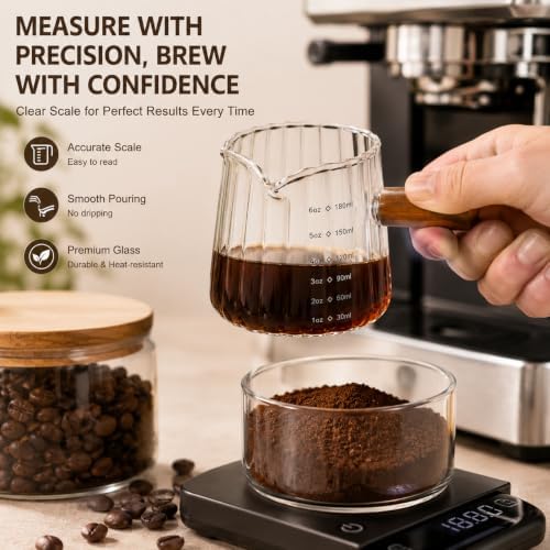 2 PCS Espresso Shot Cups, 6 Oz Espresso Measuring Cup with Wooden Handle and V-Shaped Spout for Espresso, Coffee, Milk Frothing, Tea, Syrup Serving - Image 3