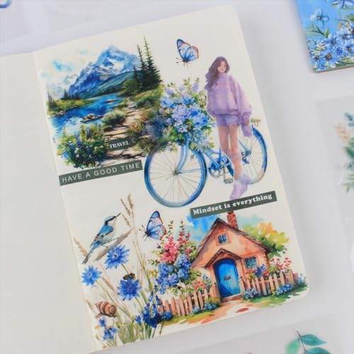 30 Sheets Precut Blue Flower Garden Landscape Stickers Book for Junk Journal Supplies, Transparent PET Stickers for Journaling, Scrapbooking, Bujo, Collage, Card Making - Image 4