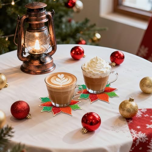 UPINS 8Pcs Christmas Diamond Art Painting Coaster Kit, Poinsettia Coaster Christmas Red Flower Coasters with Holder for Xms DIY Crafts Gifts Holiday Home Kitchen Table Decor - Image 6