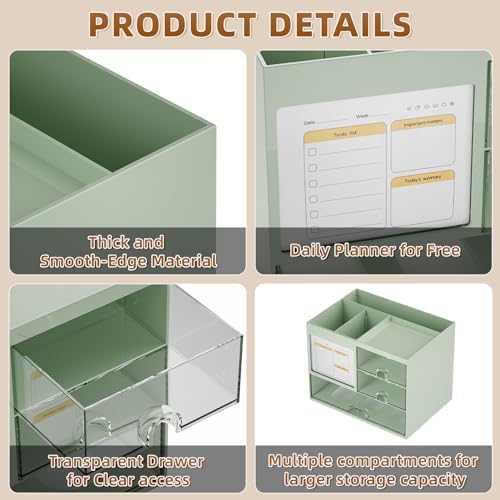 Marbrasse Desk Organizer with 3 Drawer, Multi-Functional Pencil Pen Holder for Desk, Desk Organizers and Accessories with 4 Compartments, Desktop Organizer Storage for Office Home Supplies (Green) - Image 6