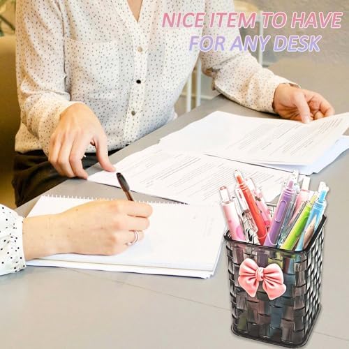 Pen Holder for Desk Cute Acrylic Makeup Brush Holder, Woven Texture with Bow Decor, Desk Stationery Desktop Caddy Cosmetic Accessories for Office, Home, School, Kitchen - Smokey Grey - Image 4