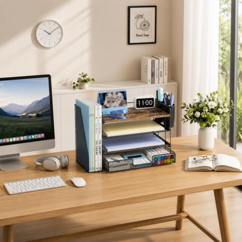 OPNICE Desk Organizer, 4-Tier Desktop File Organizer with Drawer and Pen Holders, Office Desk Accessories, File Sorters, Workspace Organizers for Office Supplies(Wood) - Image 6