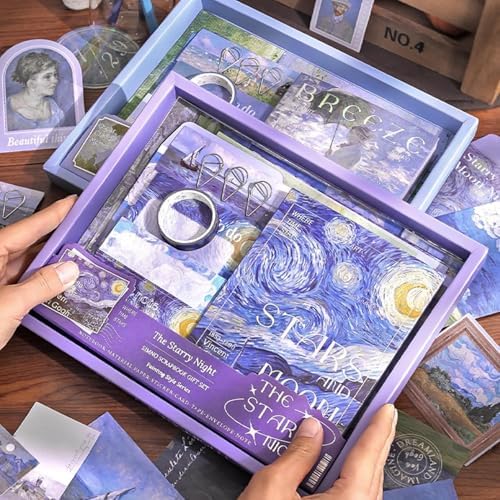 ATIRAMANIYA 346pcs Vintage Scrapbook Kit Aesthetic Junk Journal Set with Stickers, Washi Tape, A6 Notebook & Decorative Paper, All-in-One Scrapbook Kit Stationery (The Starry Night) - Image 6