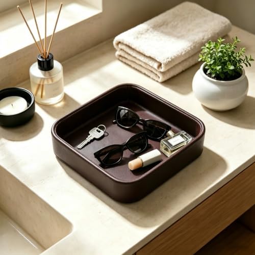 Valet Tray for Men 8.2 X 8.2 inch Simple PU LeatherTray Organizer for Men - Image 3