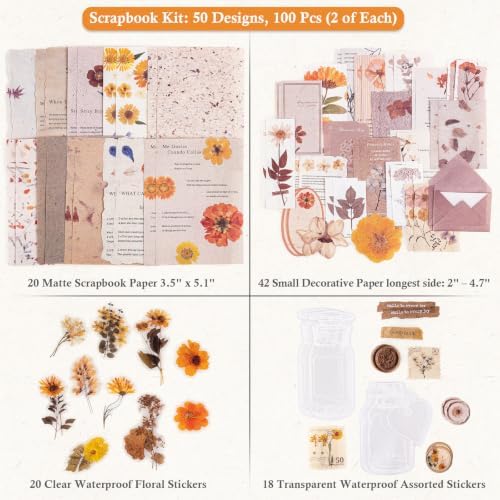 RISYPISY 100Pcs Floral Scrapbook Supplies Kit for Junk Journal - Image 5