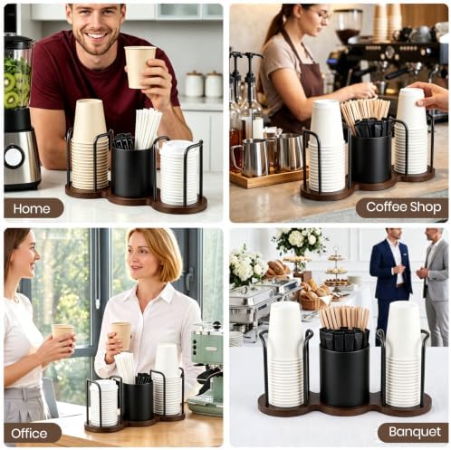 Coffee Cup Dispenser with Straw & Stirrer Storage Container (Black,S) - Image 3