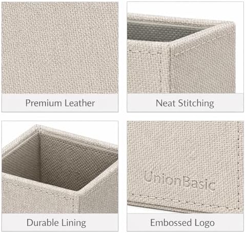 UnionBasic Square Pen Holder, Leather Pencil Cup, Desktop Caddy Stationery Organizer, Beige - Image 3