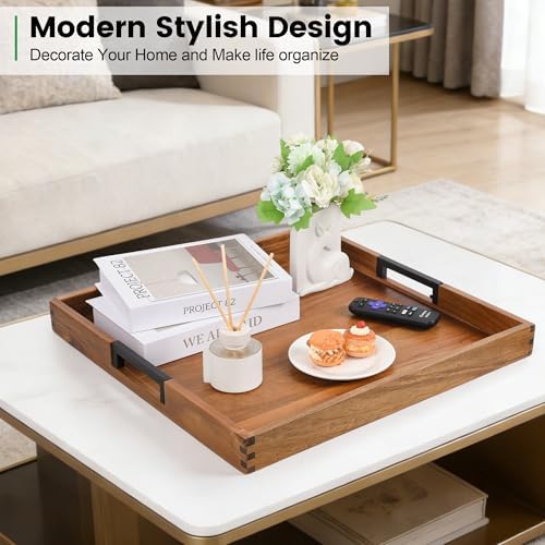 Large Ottoman Tray for Living Room and Coffee Table, Decorative Acacia Wood Serving Tray with Metal Handles for Breakfast in Bed, Dinner Food Kitchen TV (Natural, 17" x 17" x 2") - Image 5